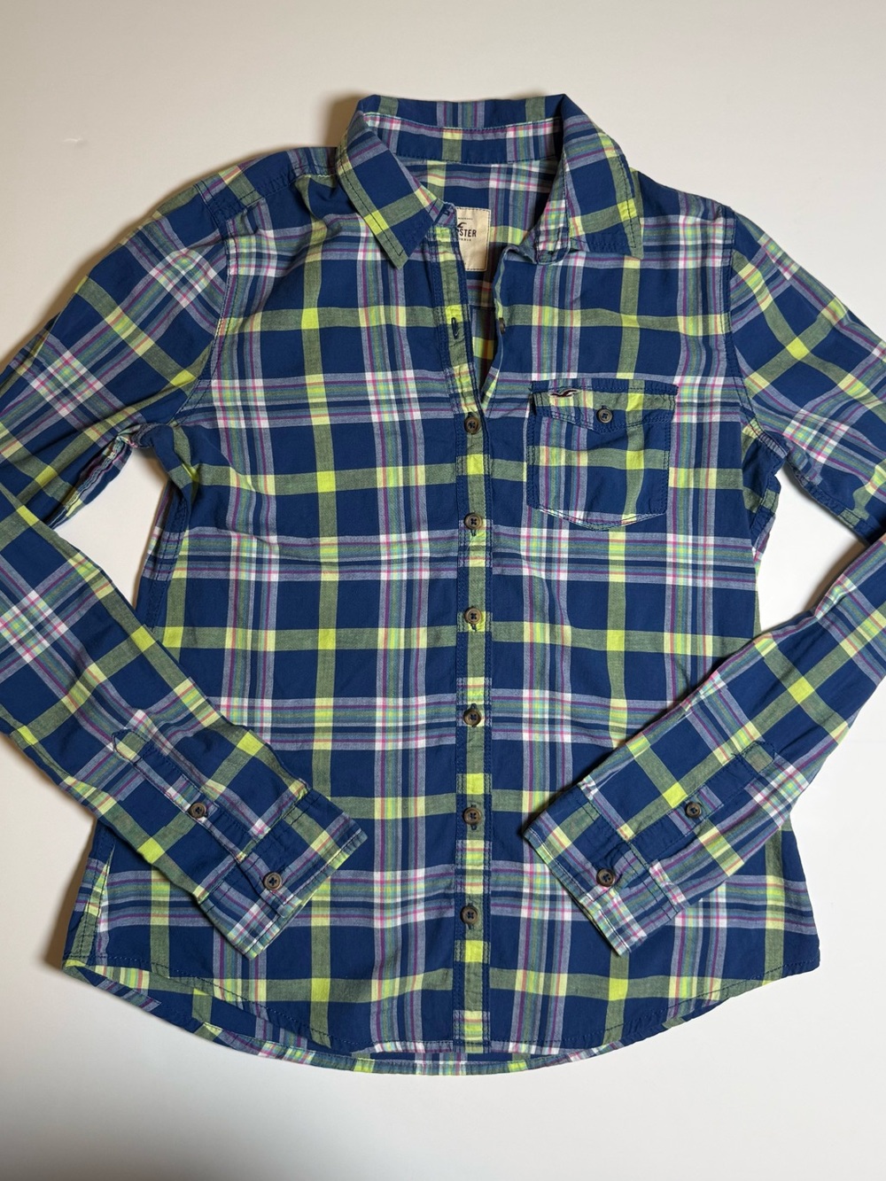Hollister Co. Women’s M Long Sleeve Plaid Cotton Button-Up Shirt Y2K Blue